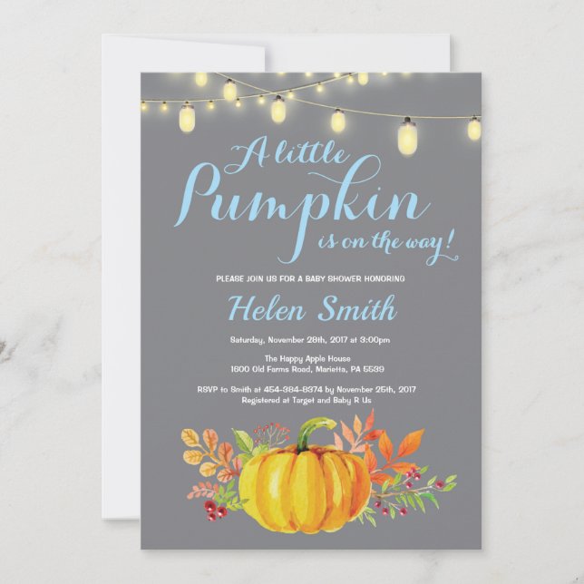 Pumpkin Mason Jar String Lights Boy Baby Shower Invitation (Front)
