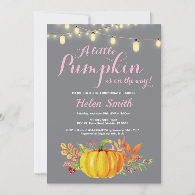 Pumpkin Mason Jar String Lights Girl Baby Shower Invitation (Front)