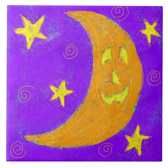 Pumpkin Moon Abstract Halloween Art Tile (Front)