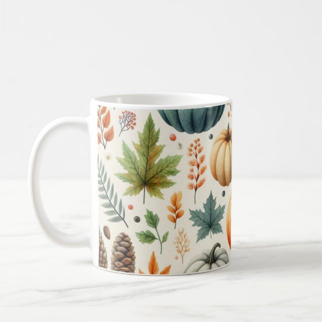 Pumpkin Mug Watercolor Fall Leaves  (Left)
