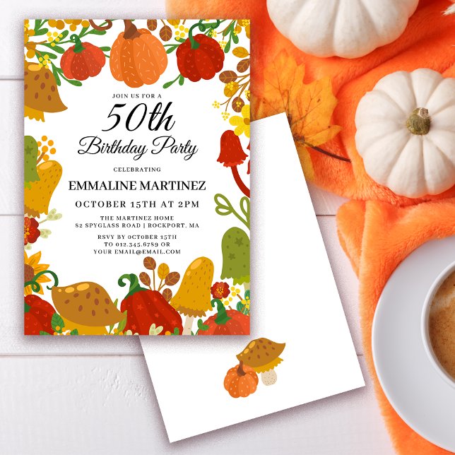  Pumpkin Mushroom Forest Fall 50th Birthday Invitation (Need matching pumpkin and mushroom fall party supplies? Message me!)