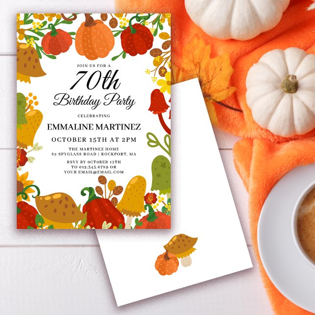  Pumpkin Mushroom Forest Fall 70th Birthday Invitation (Need matching pumpkin and mushroom fall party supplies? Message me!)