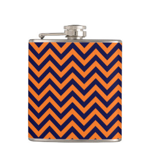 Pumpkin, Navy Blue Large Chevron ZigZag Pattern Hip Flask