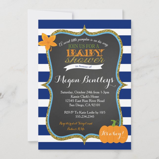 Pumpkin Navy Boy Baby Shower Invitation (Front)