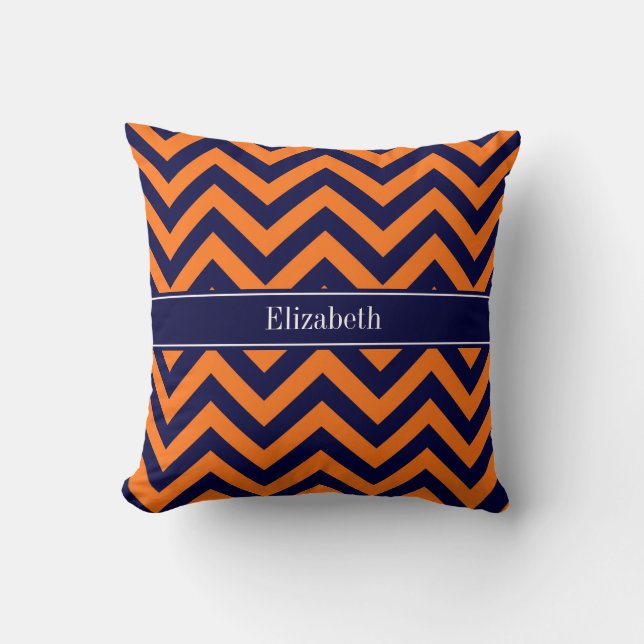 Pumpkin Navy LG Chevron Navy Blue Name Monogram Cushion (Front)