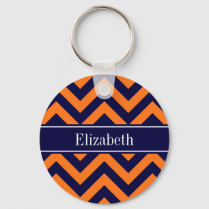 Pumpkin Navy LG Chevron Navy Blue Name Monogram Key Ring