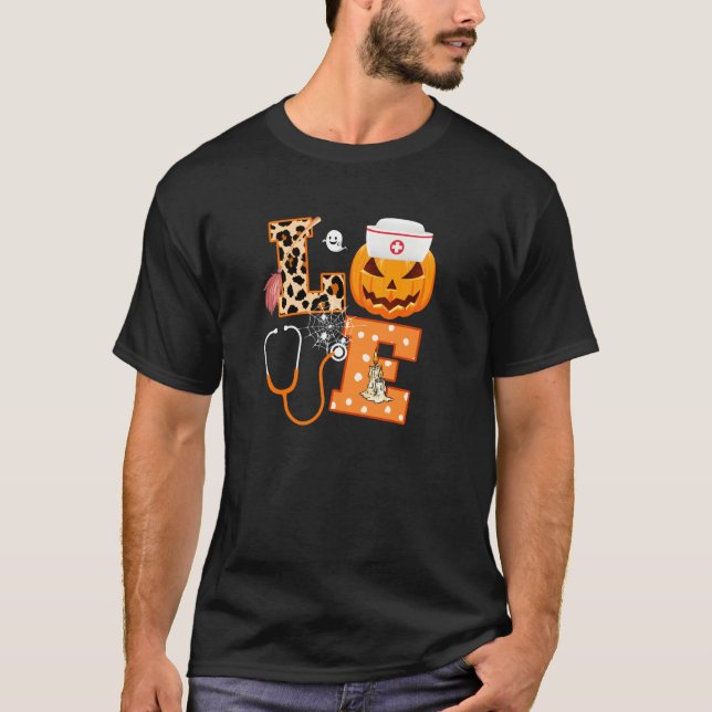 Pumpkin Nurse Love Nursing Stethescope Men Women H T-Shirt (Front)