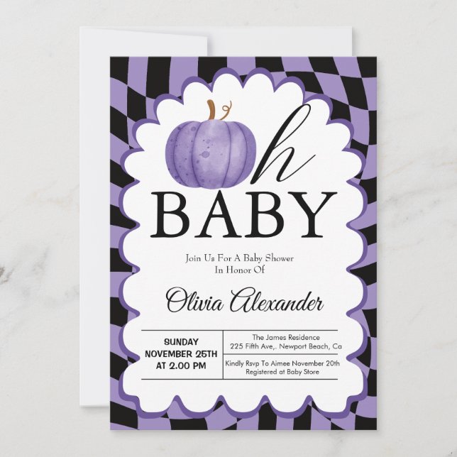 Pumpkin Oh Baby Purple Chequered Baby Shower  Invitation (Front)
