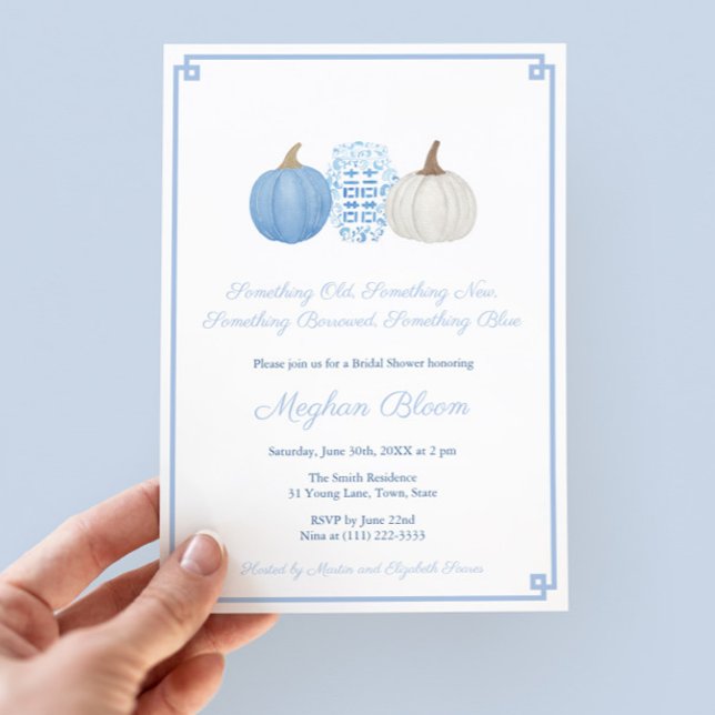 Pumpkin Old New Borrowed Blue Preppy Bridal Shower Invitation (Something Blue Bridal Shower Invitation With Light Blue And White Pumpkins And Ginger Jar. Greek Key)