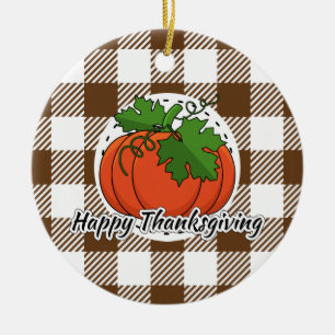 Pumpkin on Brown Plaid - Happy Thanksgiving Ceramic Tree Decoration