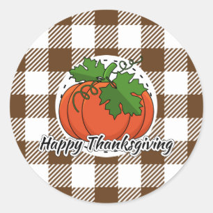 Pumpkin on Brown Plaid - Happy Thanksgiving Classic Round Sticker