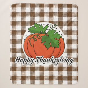 Pumpkin on Brown Plaid - Happy Thanksgiving Sherpa Blanket