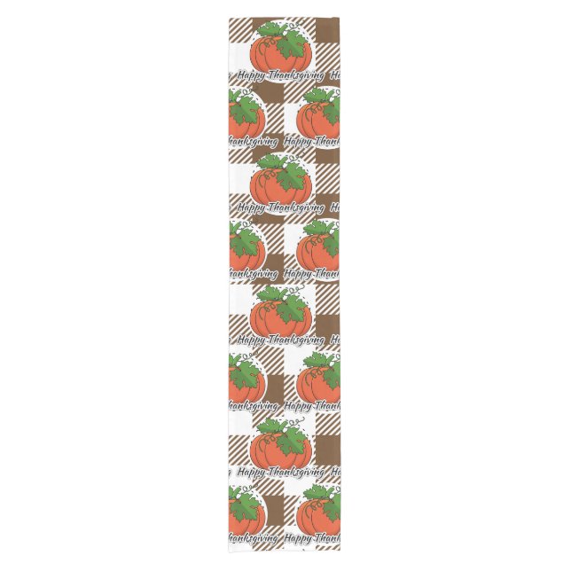 Pumpkin on Brown Plaid - Happy Thanksgiving Short Table Runner (Front)
