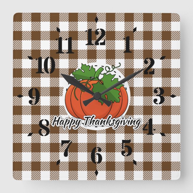 Pumpkin on Brown Plaid - Happy Thanksgiving Square Wall Clock (Front)