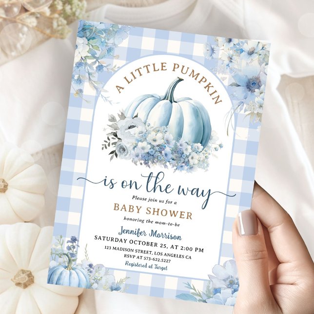 Pumpkin On The Way Baby Shower Boy Blue Fall Invitation (Creator Uploaded)
