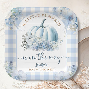 Pumpkin On The Way Baby Shower Boy Blue Fall Paper Plate