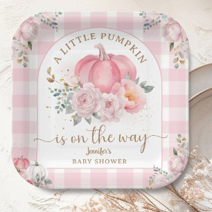 Pumpkin On The Way Baby Shower Girl Pink Fall Paper Plate
