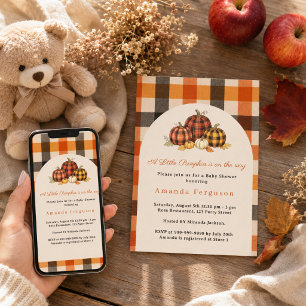 Pumpkin on the way fall orange plaid Baby Shower Invitation