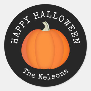 Pumpkin Orange and Black Happy Halloween Classic Round Sticker