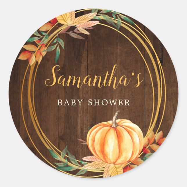 Pumpkin Orange Baby Shower Fall Leaves Wood Classic Round Sticker (Front)