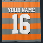 Pumpkin Orange Charcoal Sports Jersey Stripe Shower Curtain<br><div class="desc">Preppy Striped Team Jersey / Sports Jersey / Football Jersey / Rugby Jersey with Custom Name Customise this with your own name or team name and a number. You can change the size, colour and placement of the text if you need to make changes, change the colour of or remove...</div>