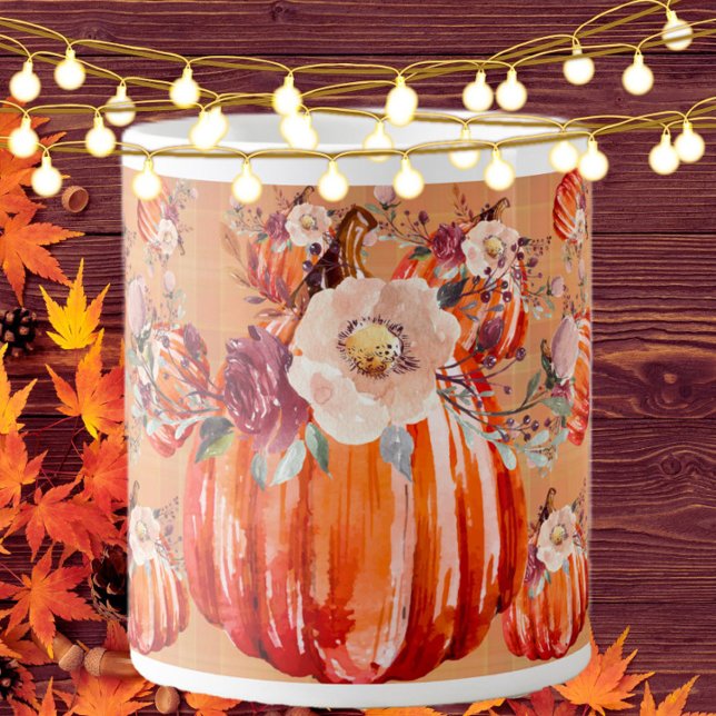 Pumpkin orange fall floral plaid check autumn large coffee mug (Creator Uploaded)