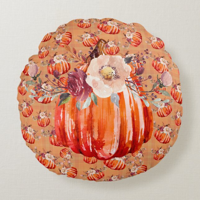 Pumpkin orange fall floral plaid check autumn round cushion (Front)