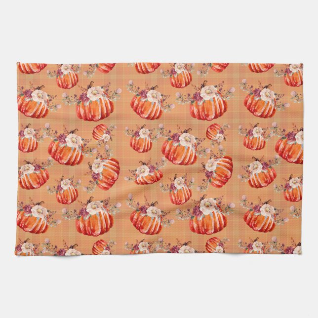 Pumpkin orange fall floral plaid check autumn tea towel (Horizontal)