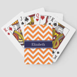 Pumpkin Orange Lg Chevron Navy Name Monogram Playing Cards