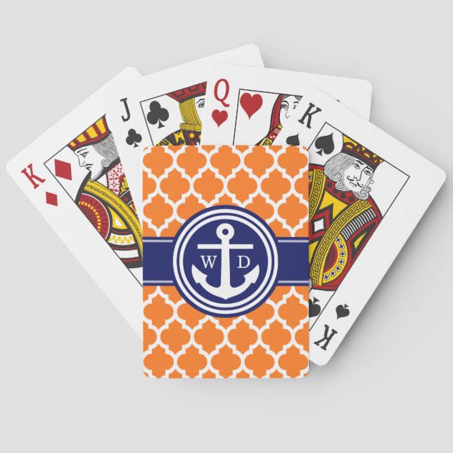 Pumpkin Orange Moroccan #5 Anchor Navy Blue 2 Init Playing Cards (Back)