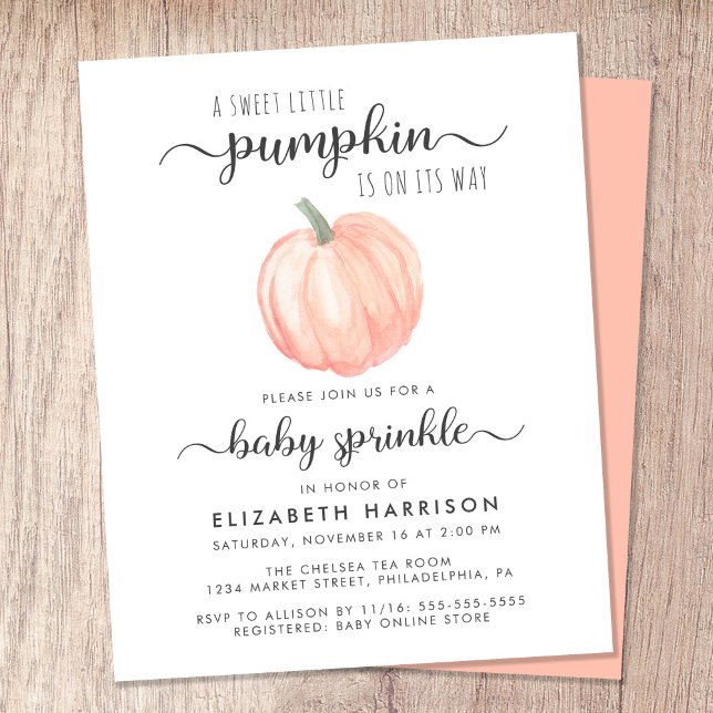 Pumpkin Orange Watercolor Baby Sprinkle Invitation (Celebrate the upcoming arrival of your sweet little autumn baby with a pumpkin-themed baby sprinkle)