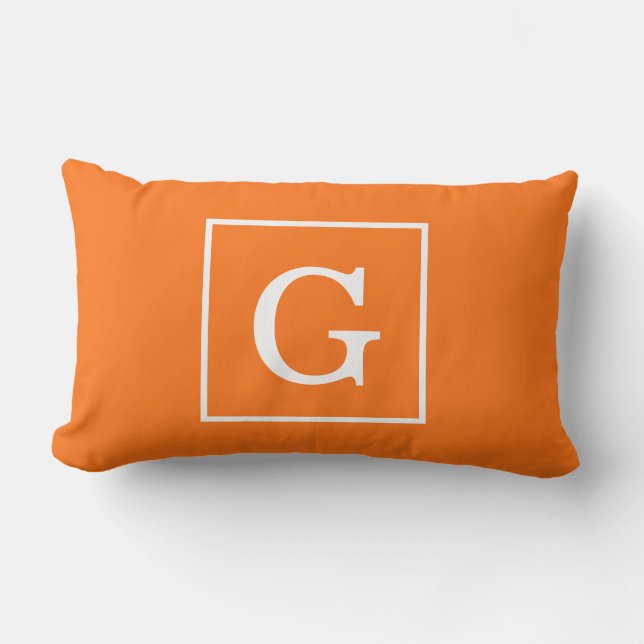 Pumpkin Orange White Framed Initial Monogram Lumbar Cushion (Front)