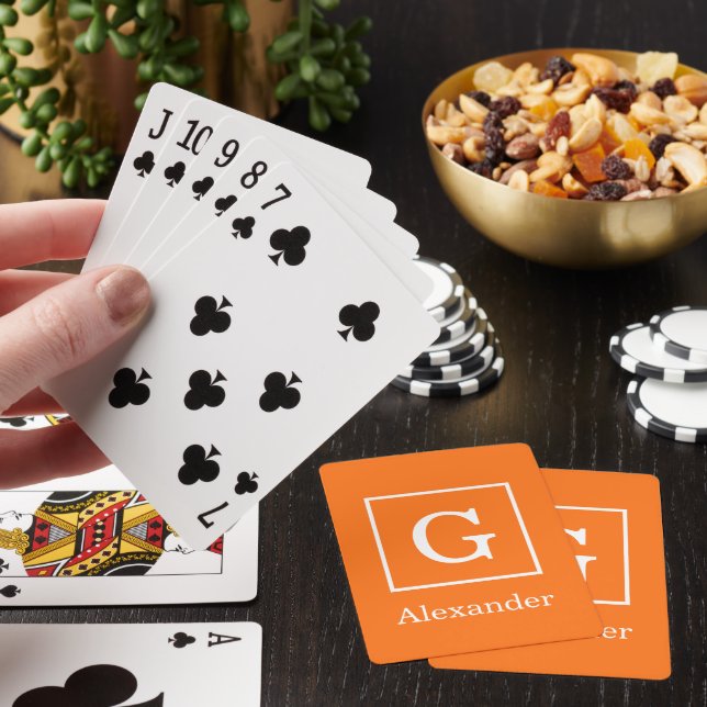 Pumpkin Orange White Framed Initial Monogram Playing Cards (In Situ)
