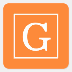 Pumpkin Orange White Framed Initial Monogram Square Sticker