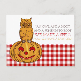 Pumpkin Owl & Gingham Baby Girl Announcement Postcard