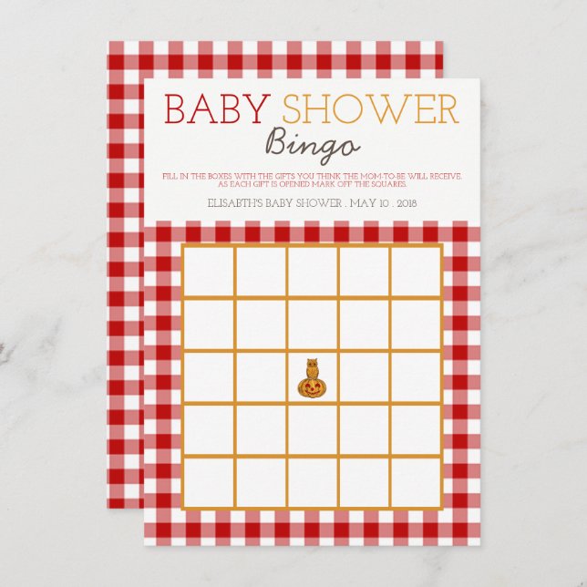 Pumpkin Owl & Gingham Baby Shower Bingo Invitation (Front/Back)