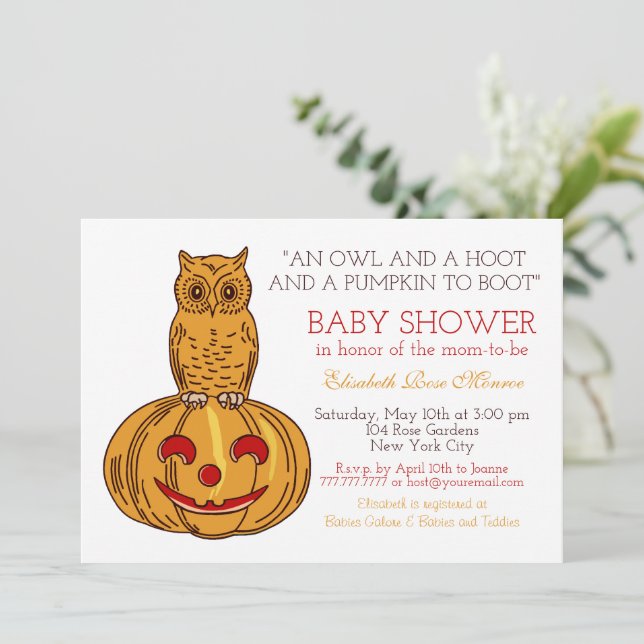 Pumpkin Owl & Gingham Baby Shower Invitation (Standing Front)