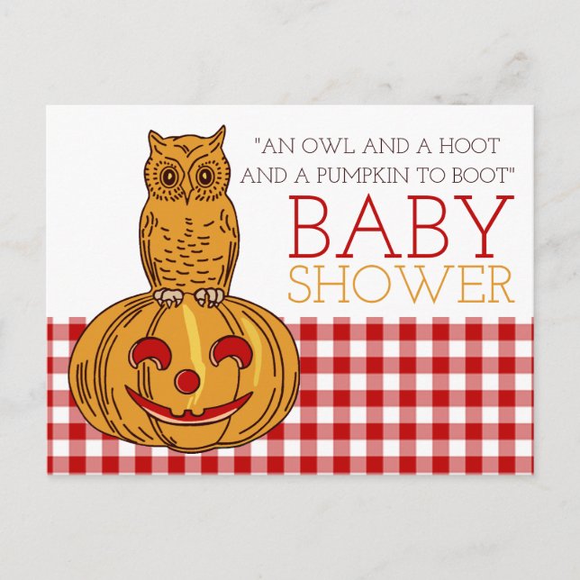 Pumpkin Owl & Gingham Baby Shower Invitation Postcard (Front)