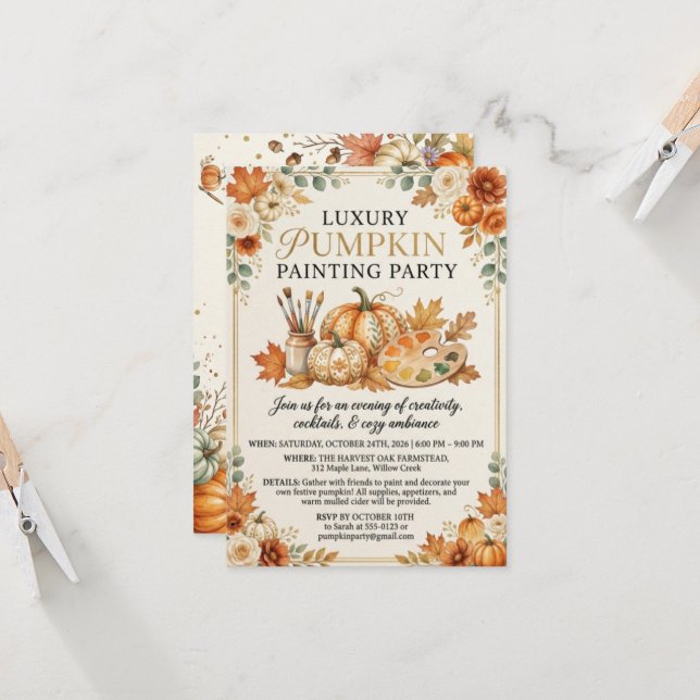 Pumpkin Painting Party Invitation 2026 Printable  (Front/Back In Situ)