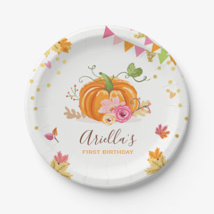 Pumpkin Paper Plates Pink Gold Birthday Autumn