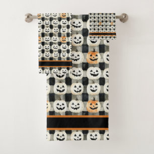 Pumpkin Parade – Monochrome Mischief in Chequered  Bath Towel Set