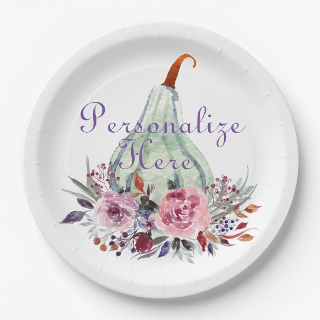 Pumpkin pastel elegant fall floral autumn teal  paper plate (Front)
