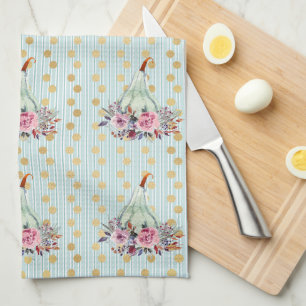 Pumpkin pastel fall floral teal gold dot pattern tea towel