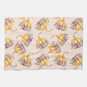 Pumpkin pastel peach gold polka dot floral fall tea towel