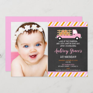 Pumpkin patch 1st first birthday fall girl photo invitation