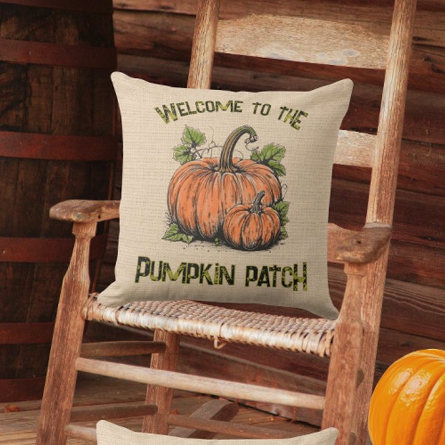 Pumpkin Patch Autumn Fall Faux Burlap  Cushion (A fun country porch pillow for autumn!)