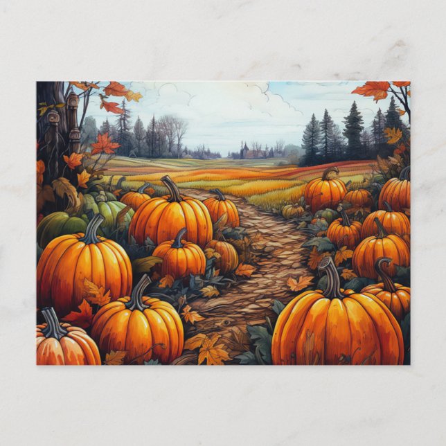 Pumpkin Patch Autumn Leaves Trees Halloween Holiday Postcard (Front)