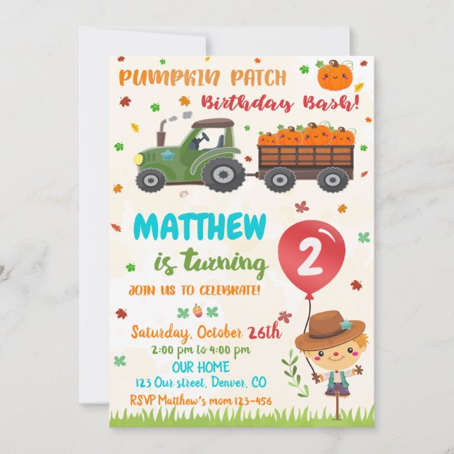 Pumpkin patch birthday invitation Fall birthday (Front)