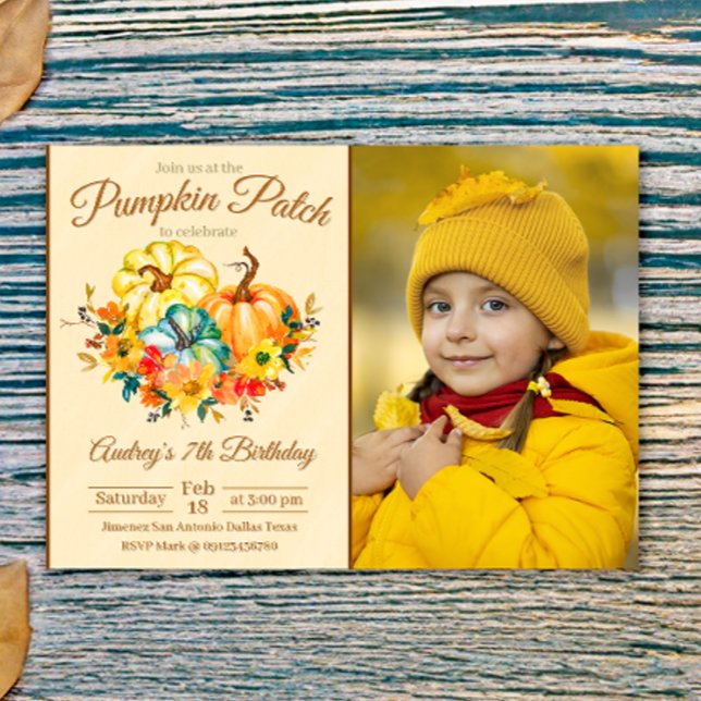 Pumpkin Patch Birthday with Photo Invitation (Pumpkin Patch Birthday with Photo Picture Landscape Invitation)