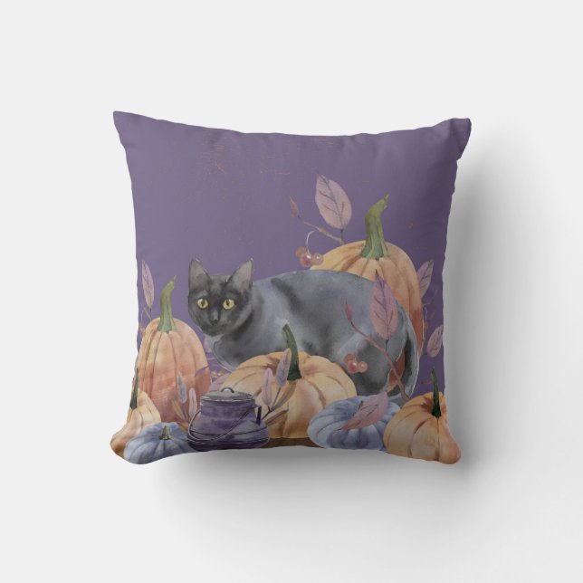 Pumpkin Patch Black Cat Throw Pillow (Front)